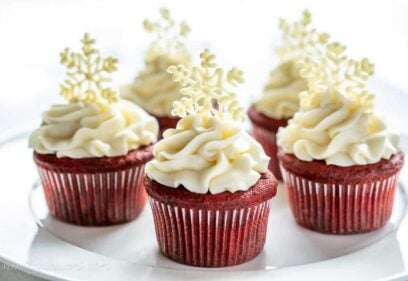 Red velvet cupcakes on a cake platter