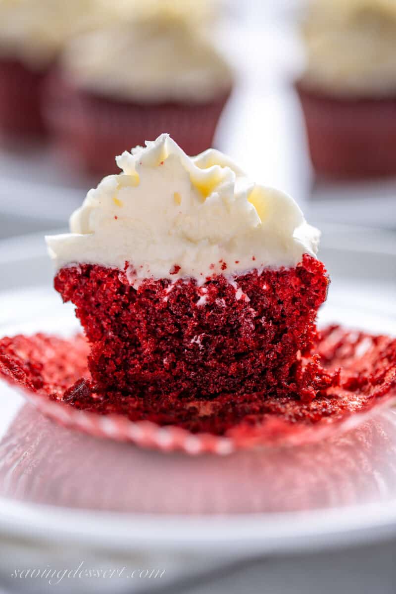 A closeup of the inside of a red velvet cupcake