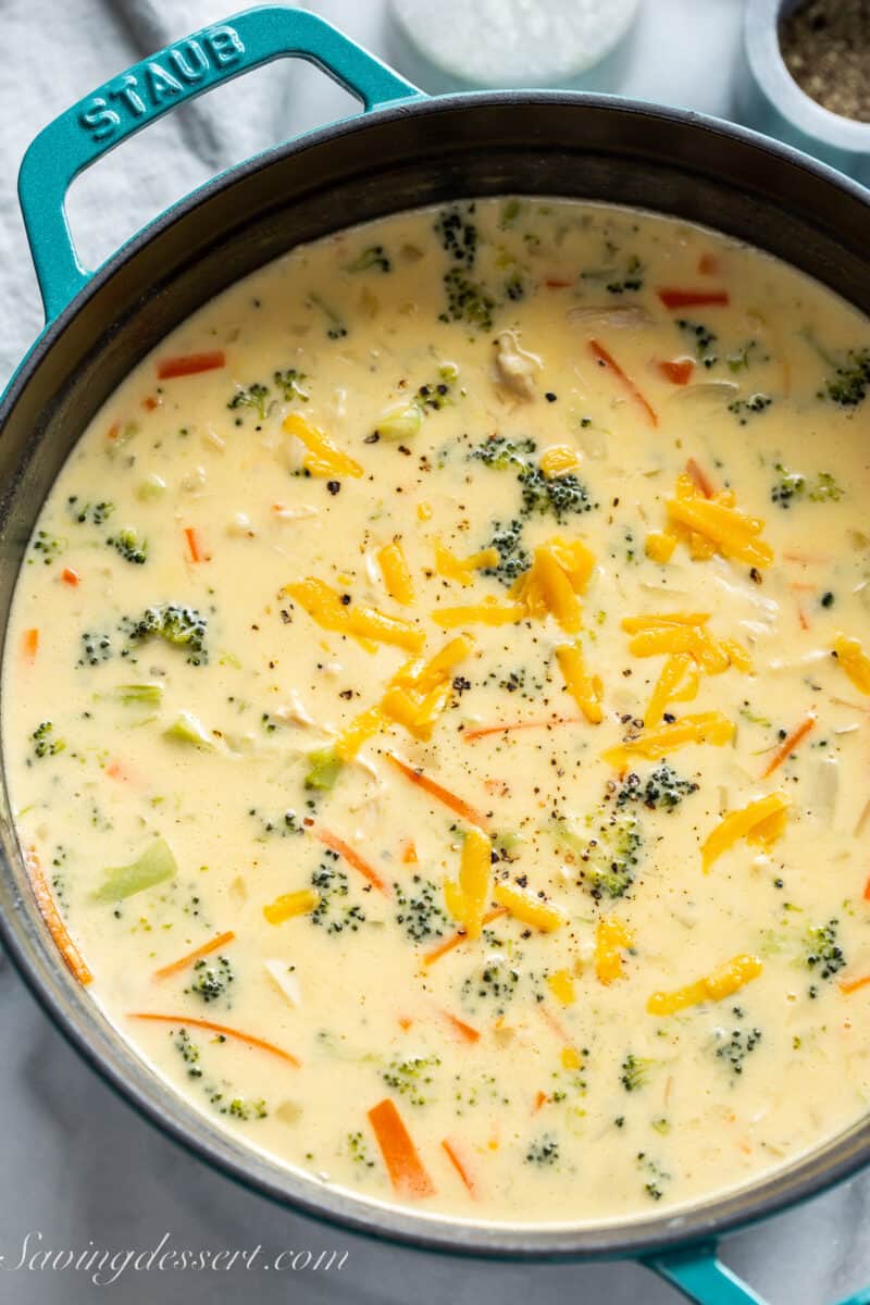 overhead view of a soup pot filled with cheesy chicken and broccoli soup