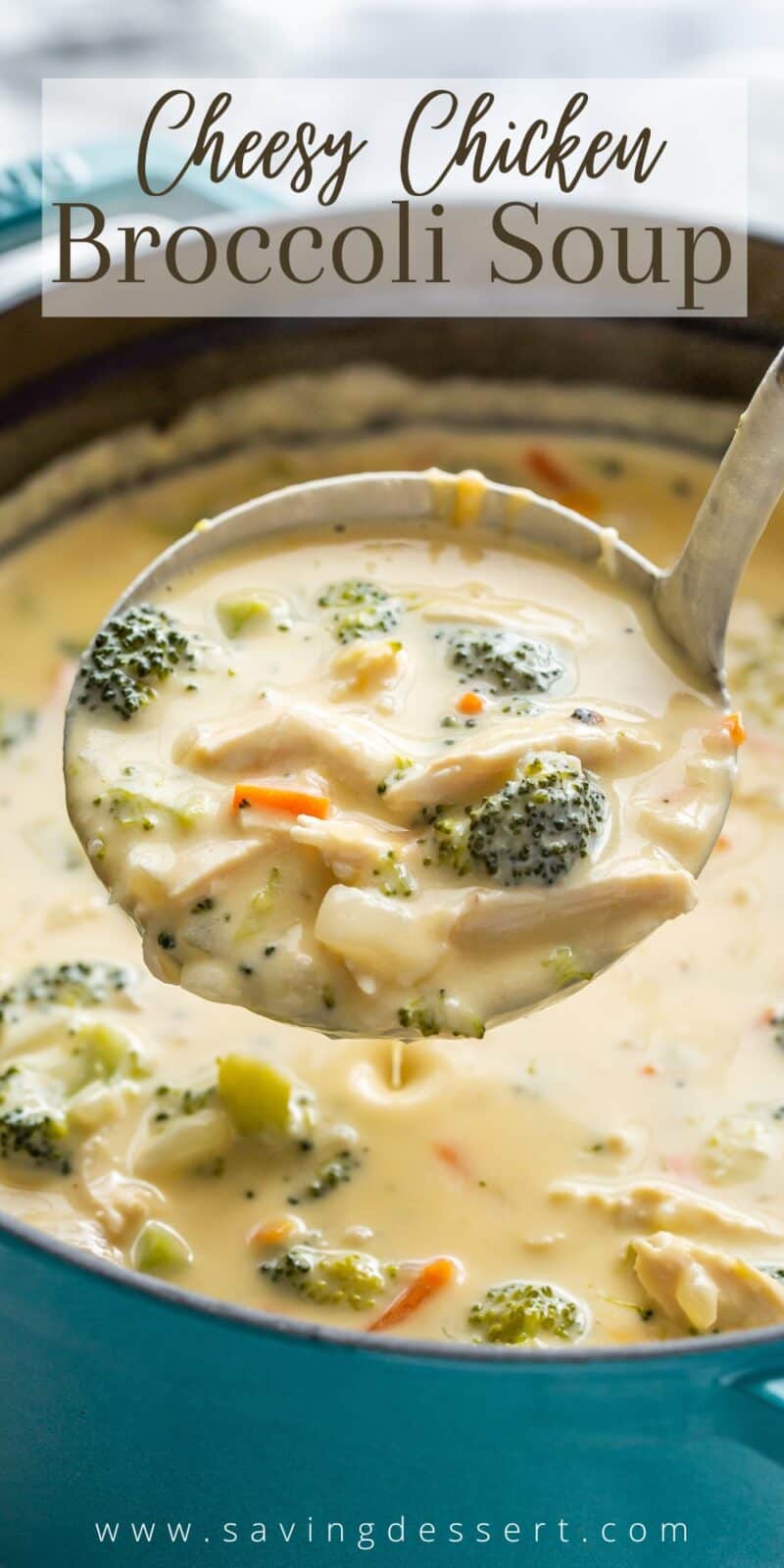 A pot of creamy broccoli soup with a ladle scooping soup out