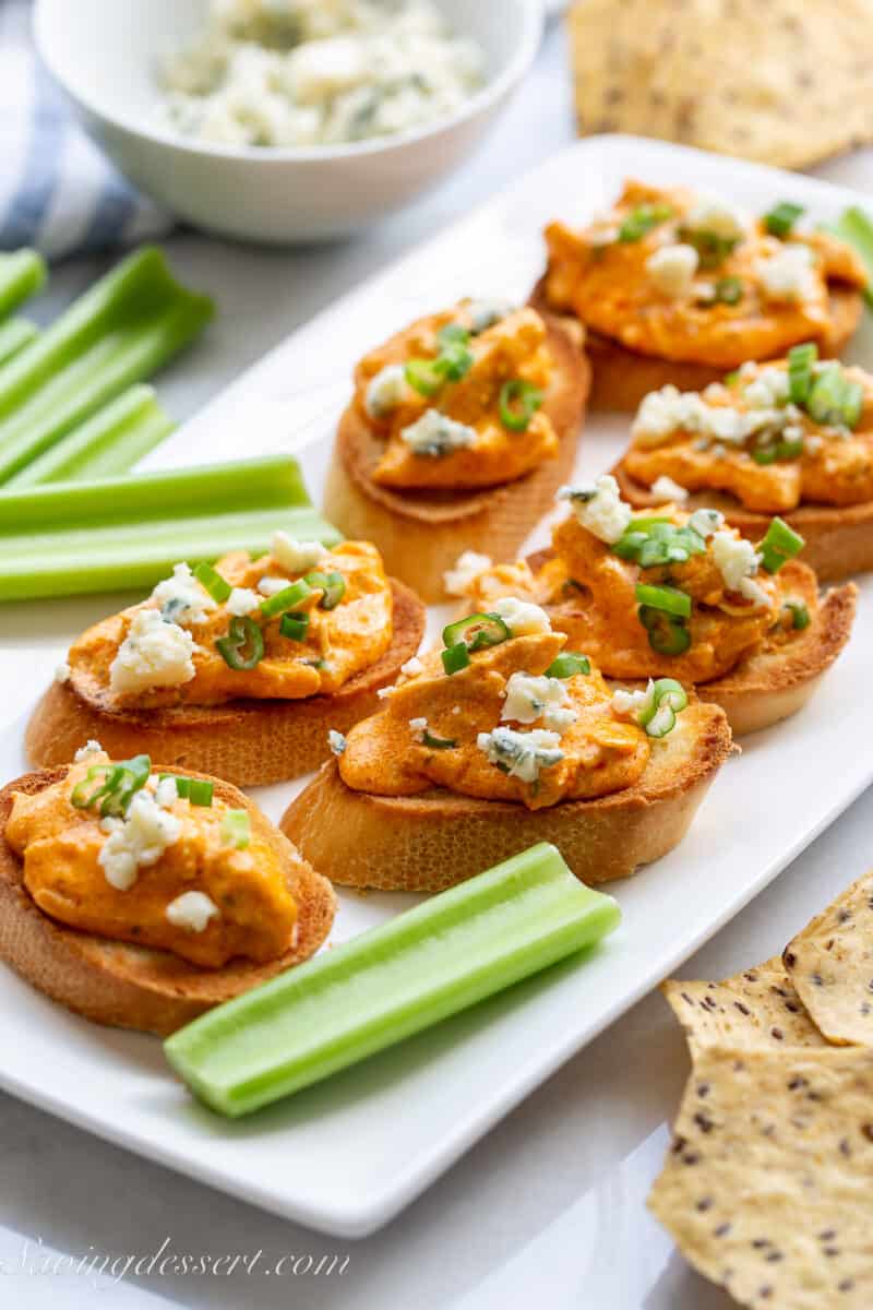 baguette slices topped with buffalo chicken dip