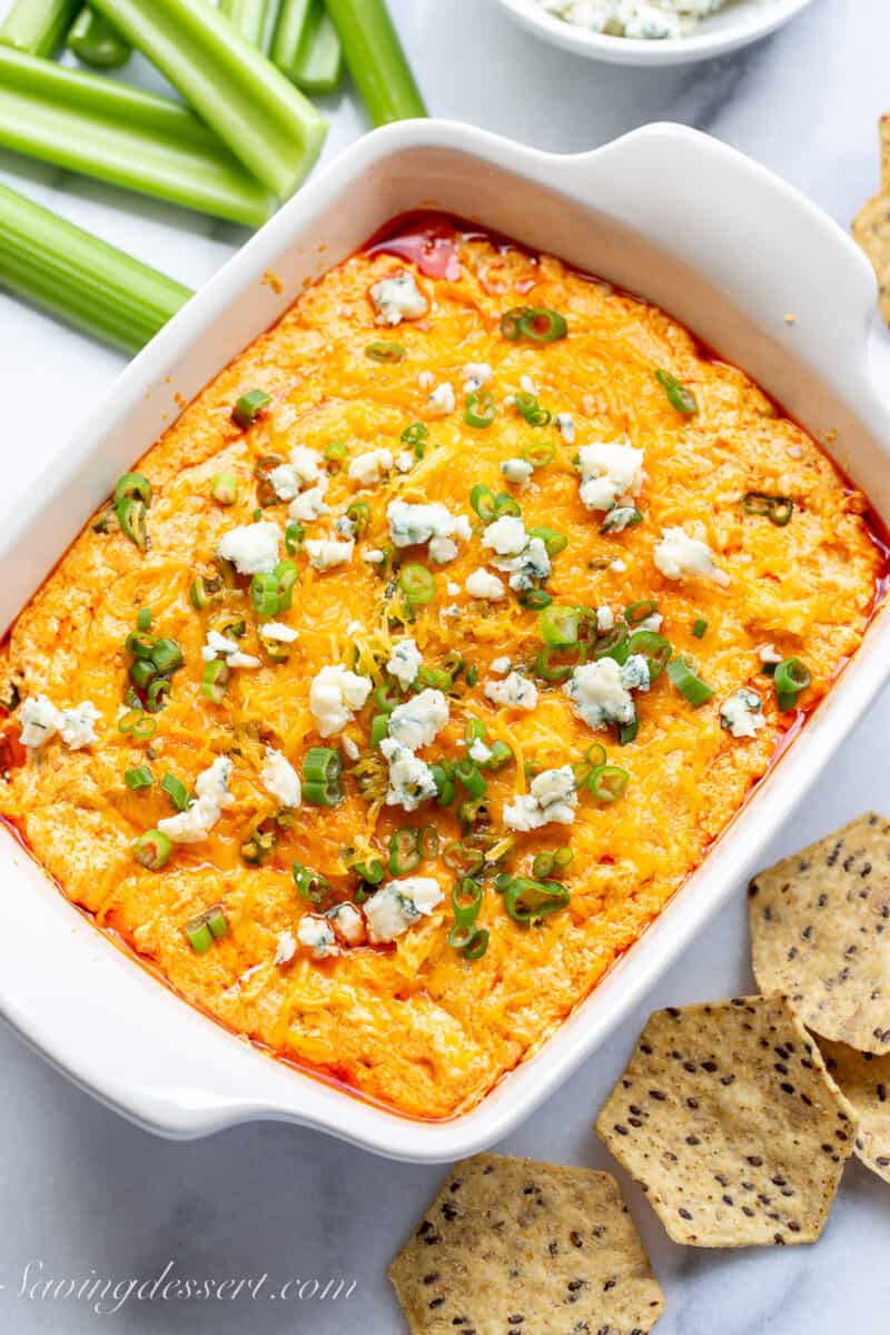 buffalo chicken dip in a casserole dish