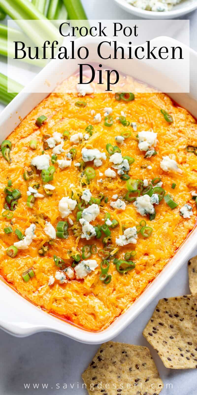 overhead view of a casserole dish filled with buffalo chicken dip