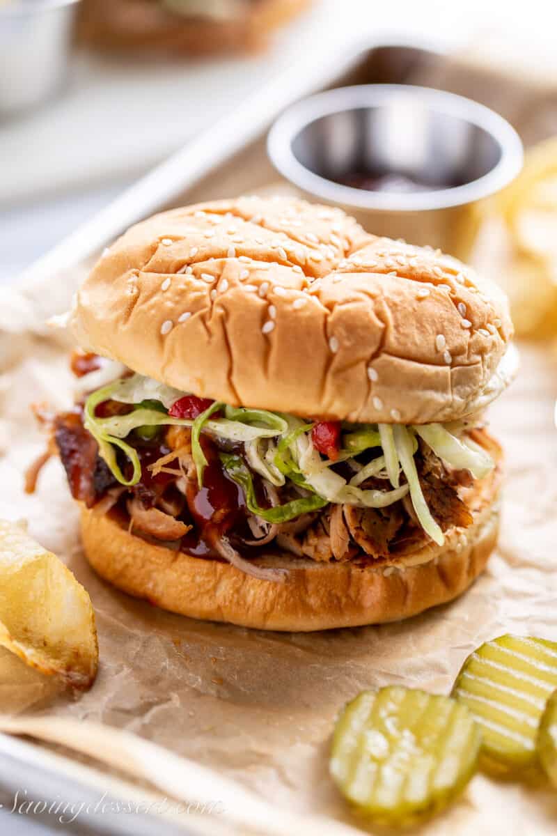 Slow cooker pulled pork on a sandwich bun