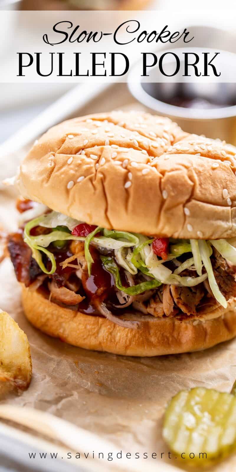 closeup of a pulled pork sandwich with slaw and sauce