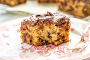 a side view of a slice of banana chocolate chip cake with chocolate frosting on top