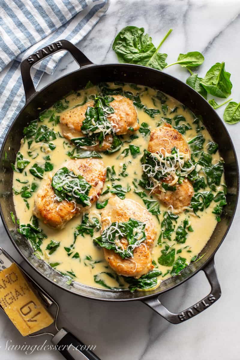 Chicken Florentine in a skillet