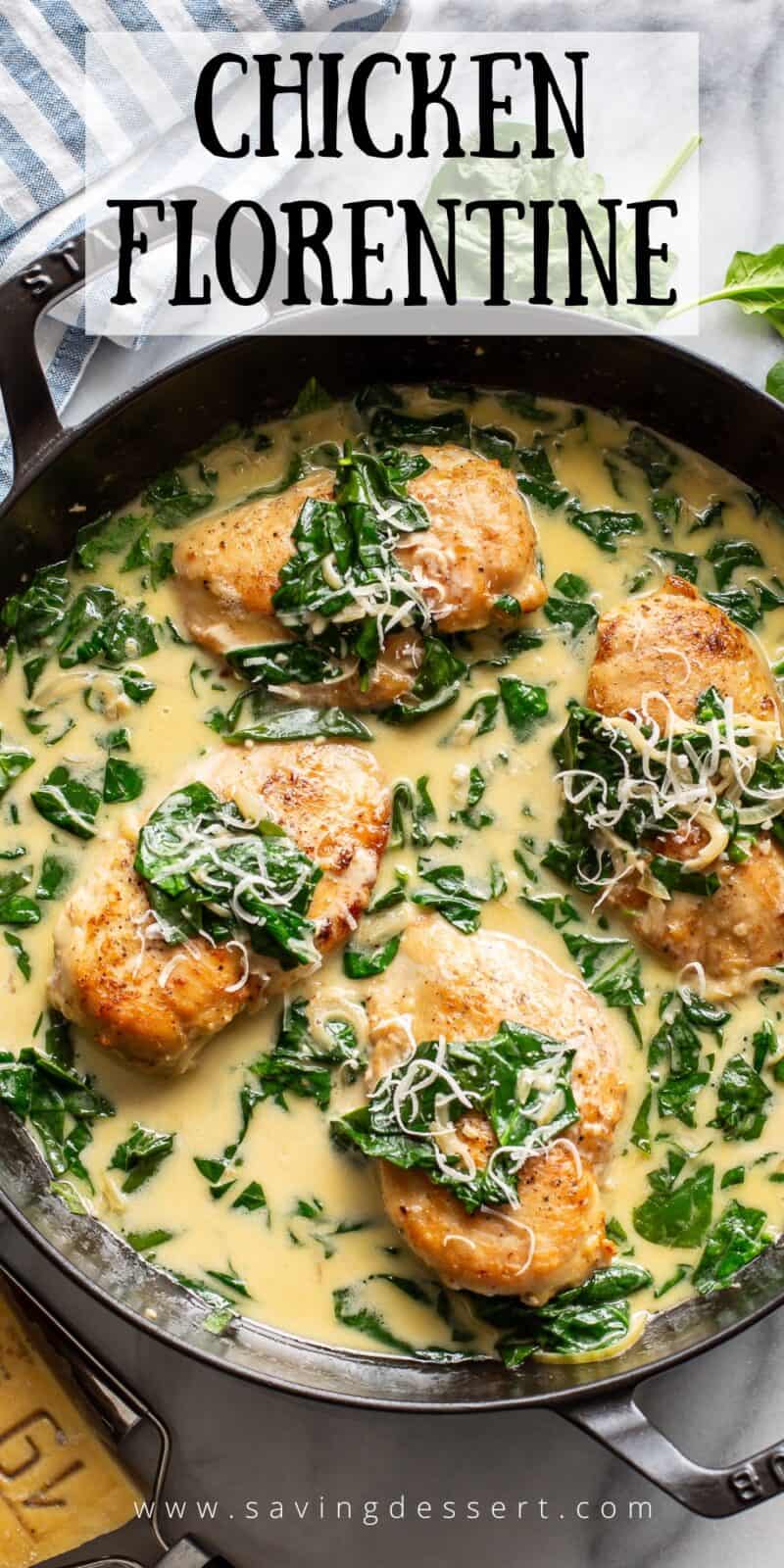 Overhead view of a skillet filled with Chicken Florentine