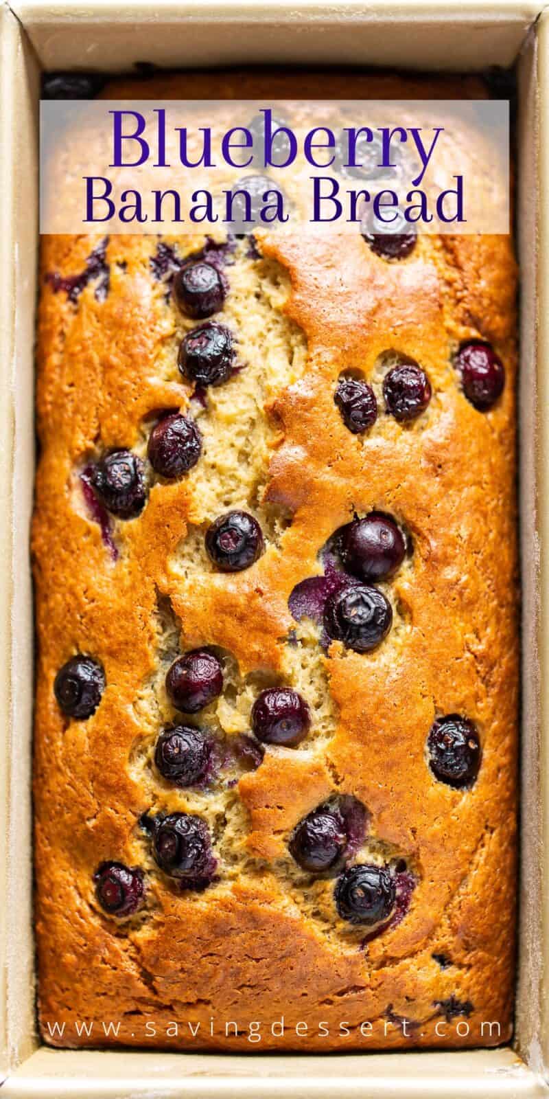 Closeup overhead of a loaf of blueberry banana bread