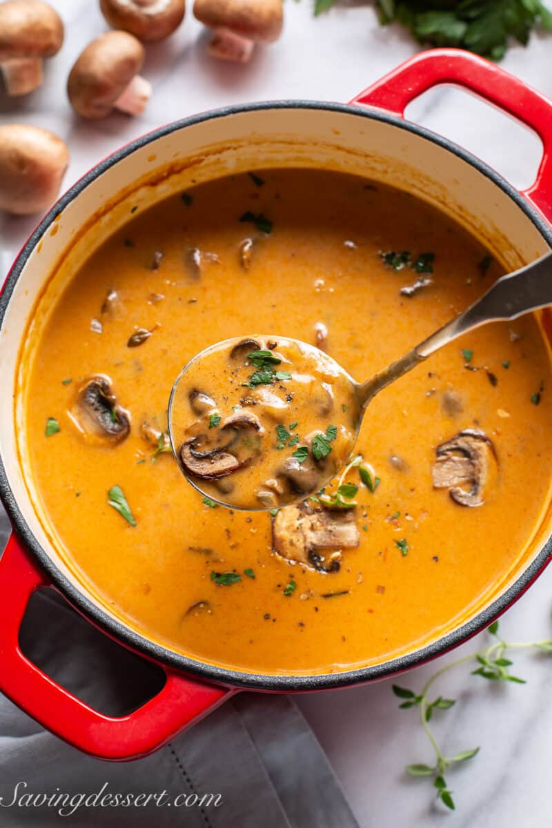 Hungarian Mushroom Soup in a ladle over a Dutch oven pot