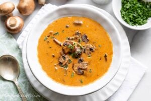 Overhead view of a bowl of Hungarian Mushroom Soup