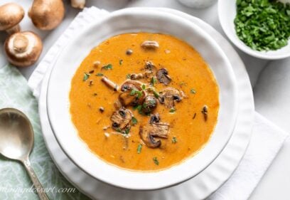 Overhead view of a bowl of Hungarian Mushroom Soup