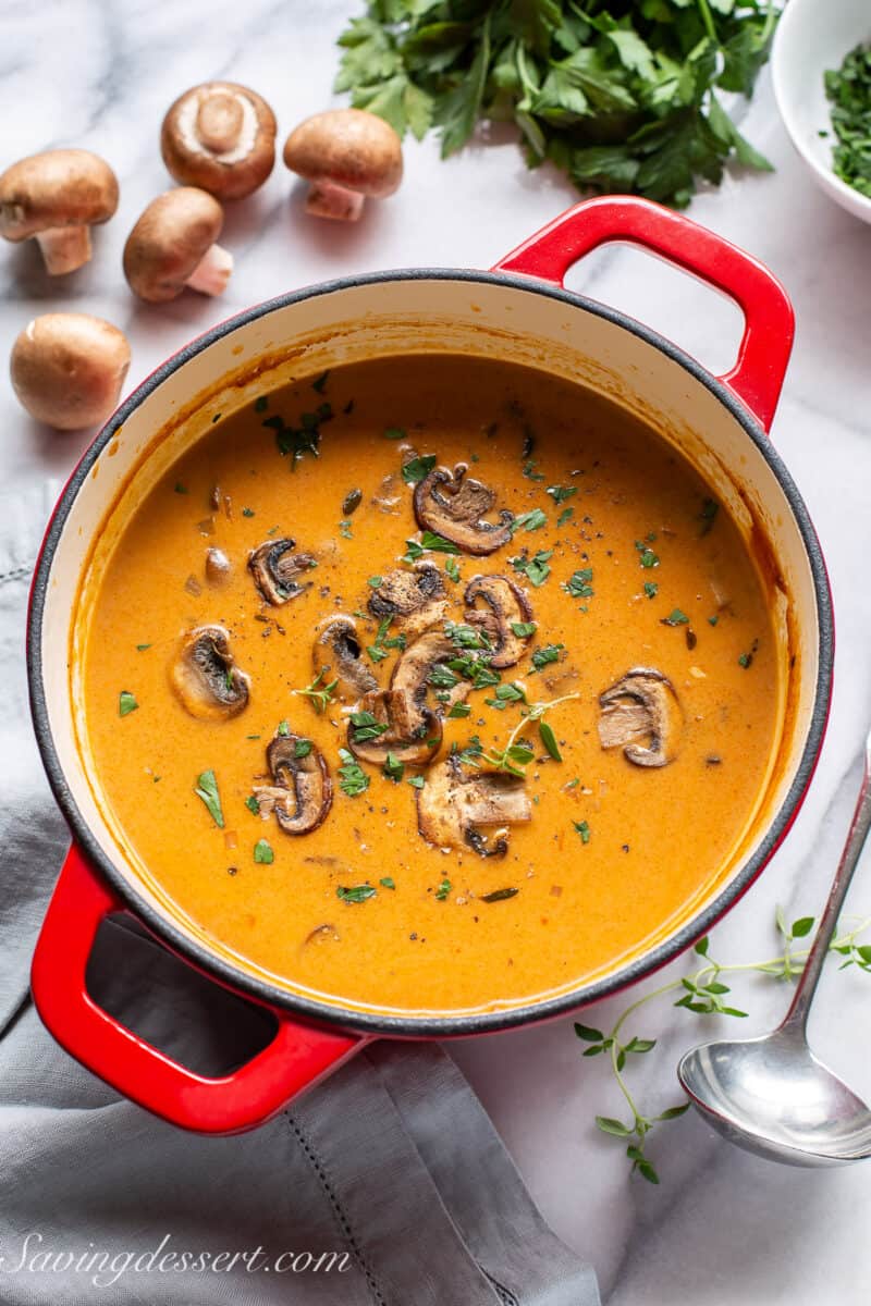 Overhead view of a pot of mushroom soup