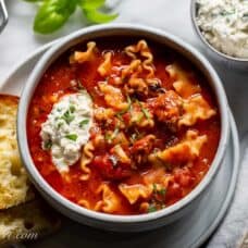Overhead view of a bowl of lasagna soup