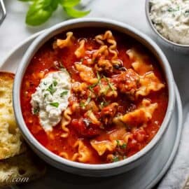 Overhead view of a bowl of lasagna soup