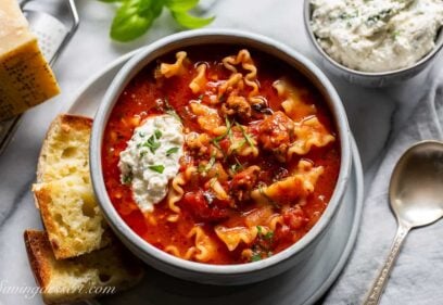 Overhead view of a bowl of lasagna soup