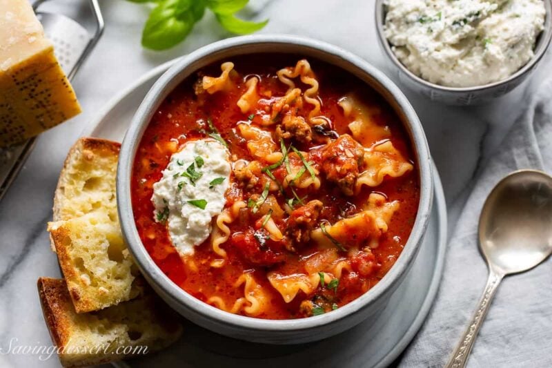 Overhead view of a bowl of lasagna soup