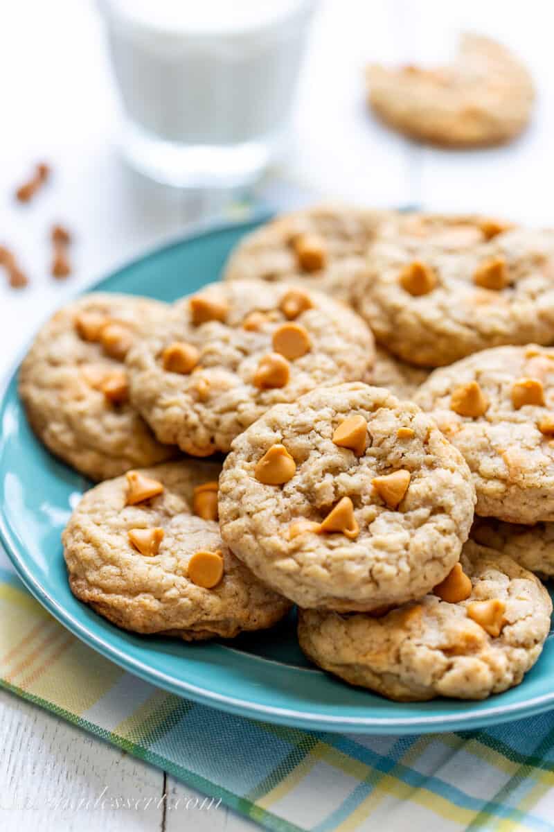 a side view of a plate of oatmeal cookies with butterscotch chips