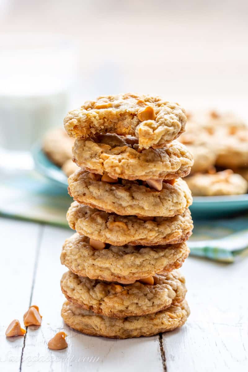 a stack of oatmeal cookies with butterscotch chips
