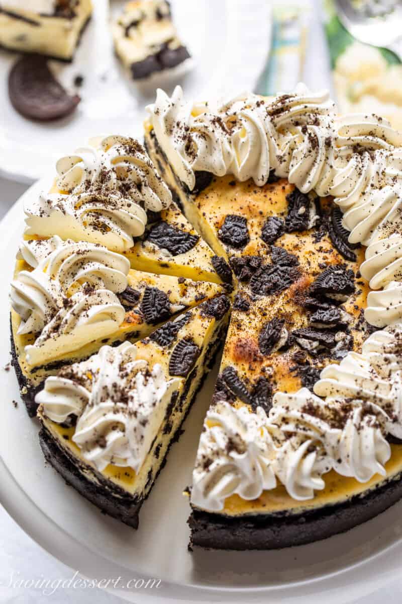 overhead view of a sliced oreo cheesecake