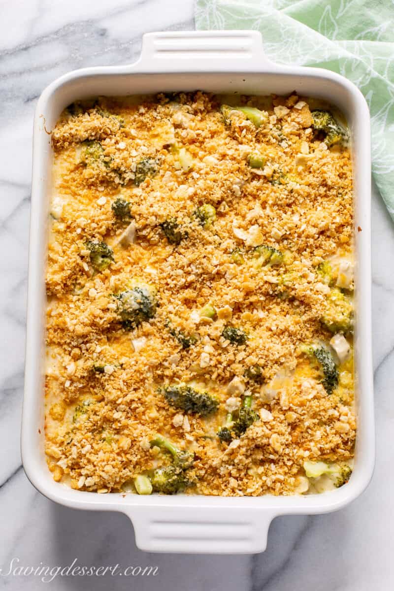 Chicken Divan casserole topped with crushed Ritz crackers