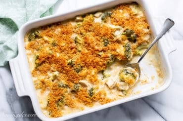 an overhead photo of a baked chicken divan casserole