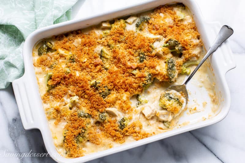 an overhead photo of a baked chicken divan casserole