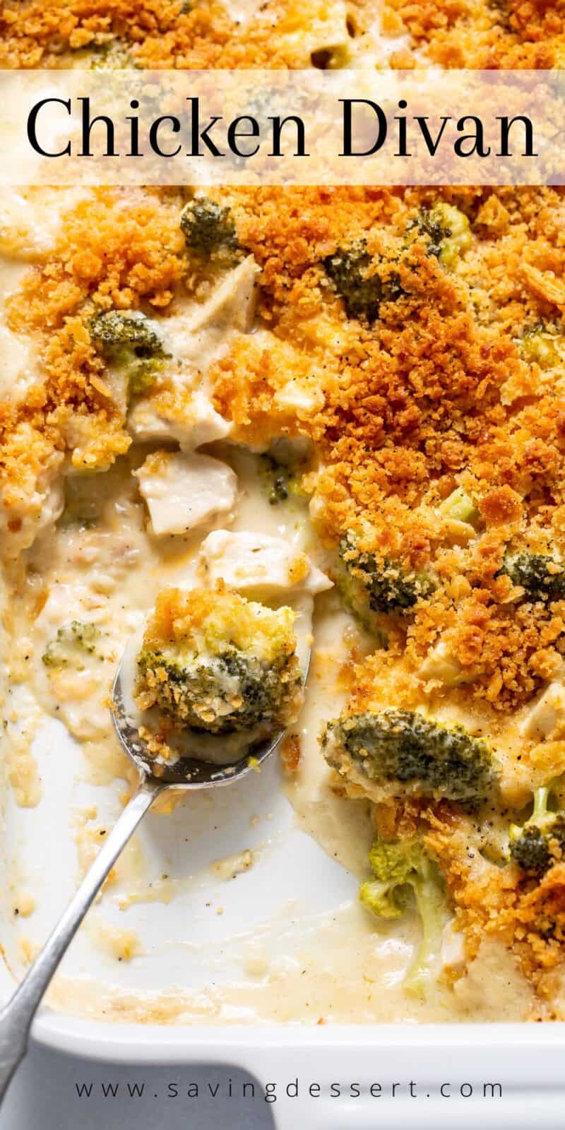 Overhead view of a casserole dish filled with chicken and broccoli topped with golden brown crushed crackers