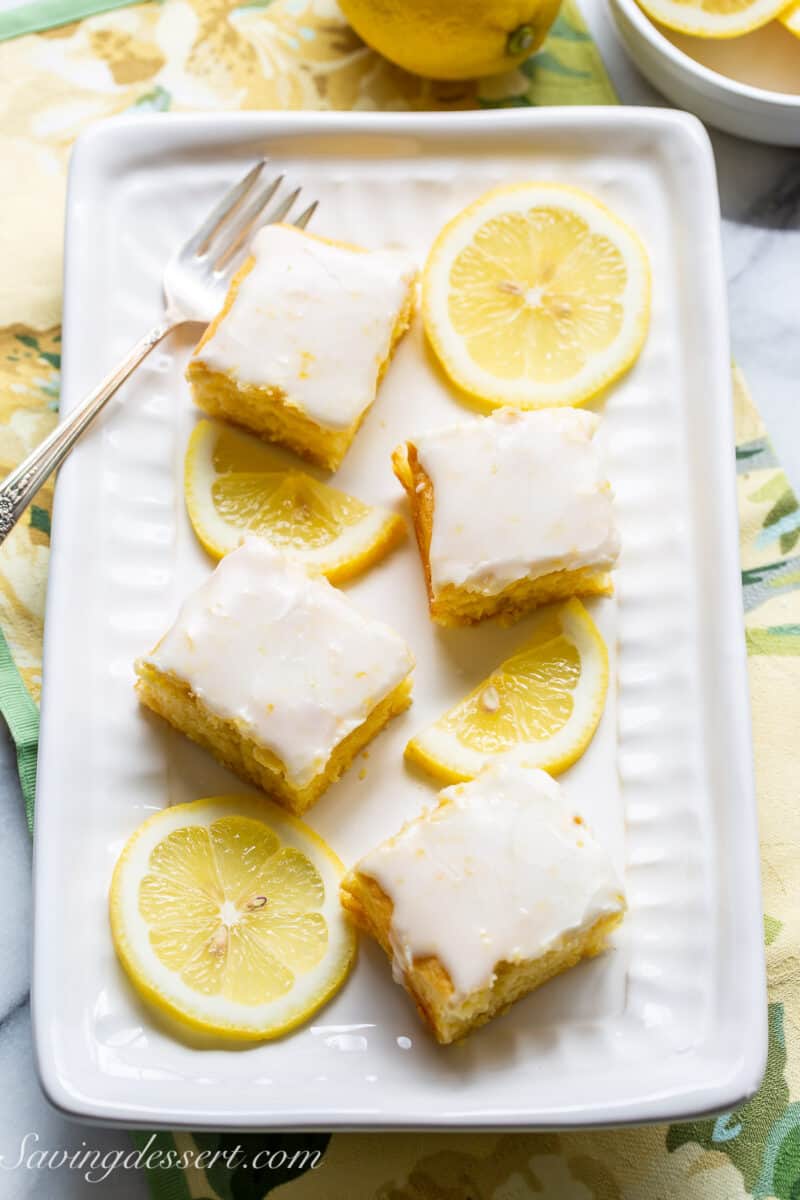 overhead view of a platter filled with lemon blondies