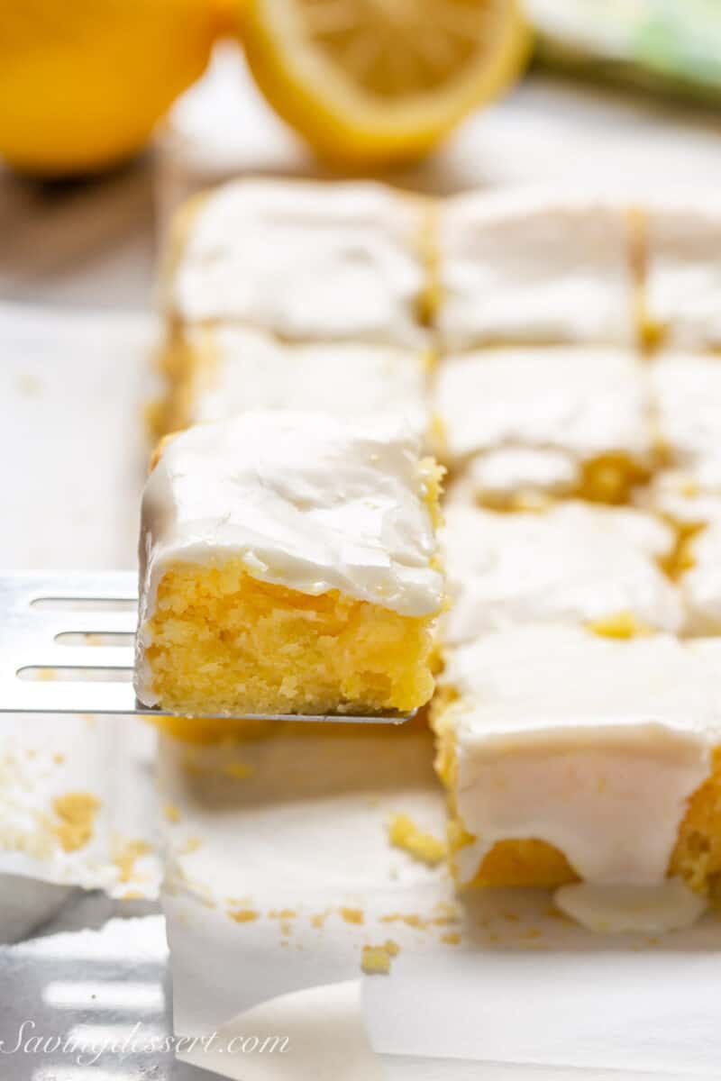 a lemon brownie on a spatula