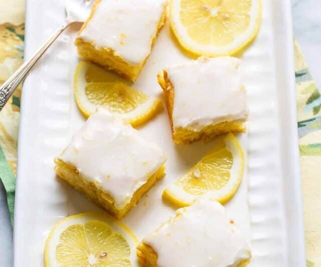 overhead view of a platter filled with lemon blondies