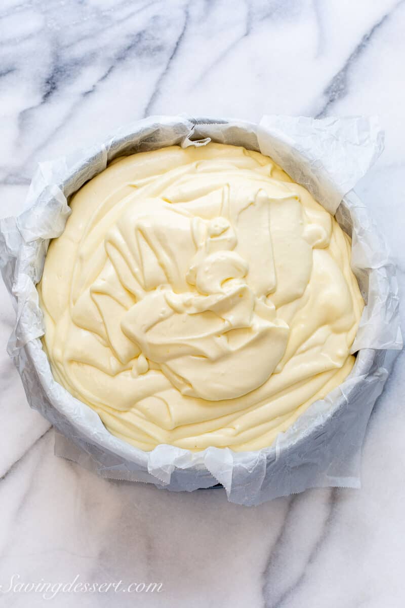 cheesecake batter in a springform pan