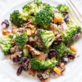 overhead view of a plate filled with broccoli salad