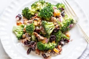 overhead view of a plate filled with broccoli salad