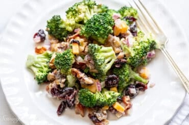 overhead view of a plate filled with broccoli salad