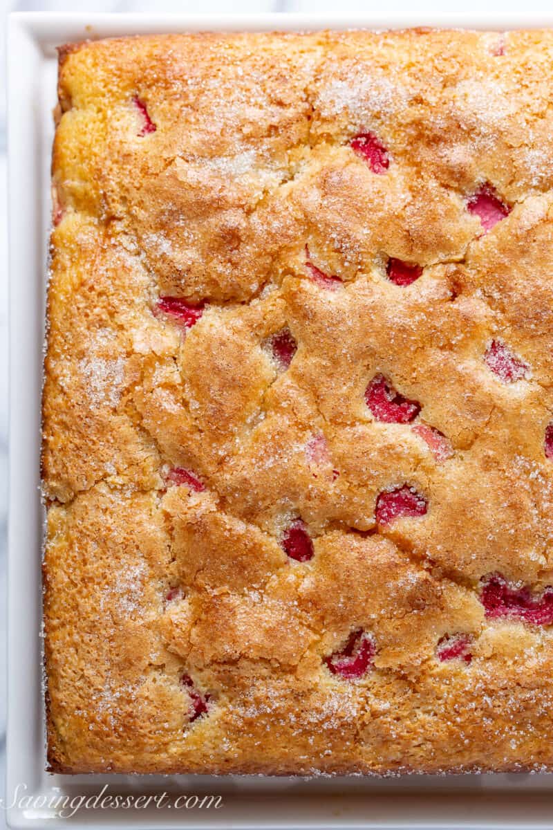 a closeup of a rhubarb cake with a sugary crust and bits of rhubarb showing through.