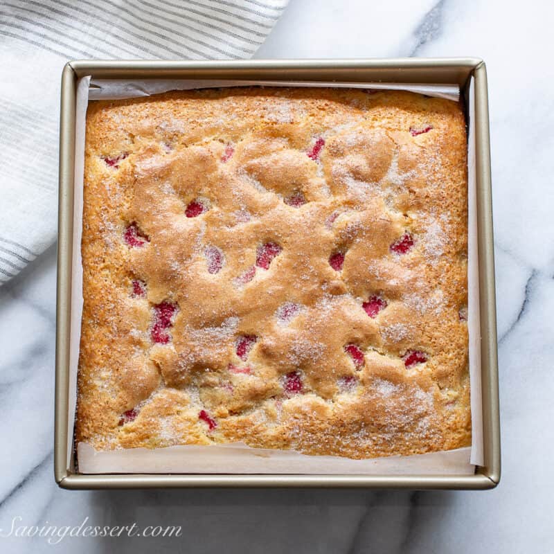 a warm from the oven square rhubarb cake