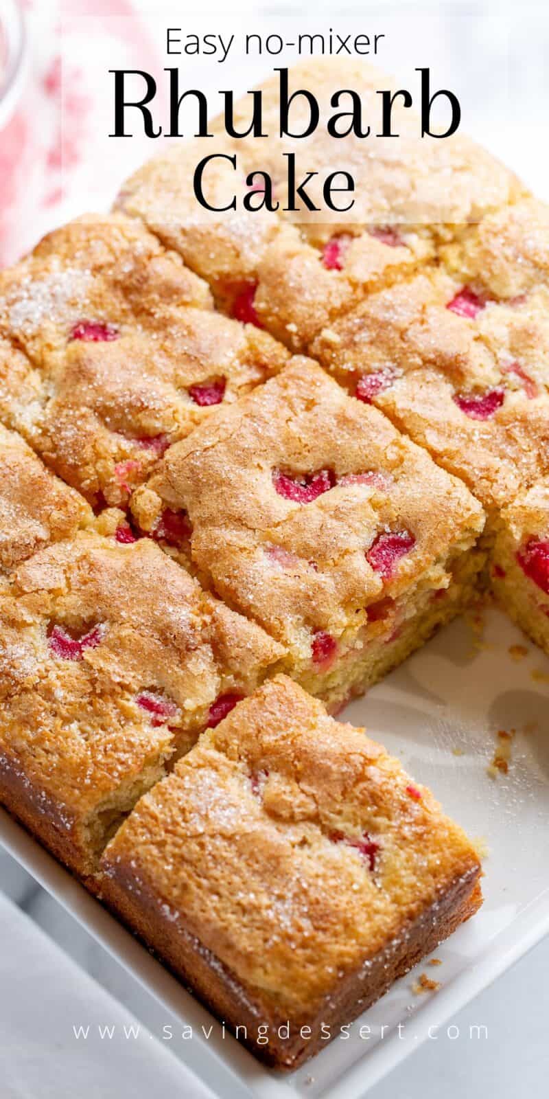 Overhead view of a sliced square rhubarb cake
