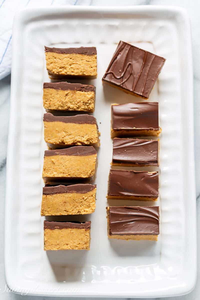 overhead view of sliced peanut butter bars on a platter