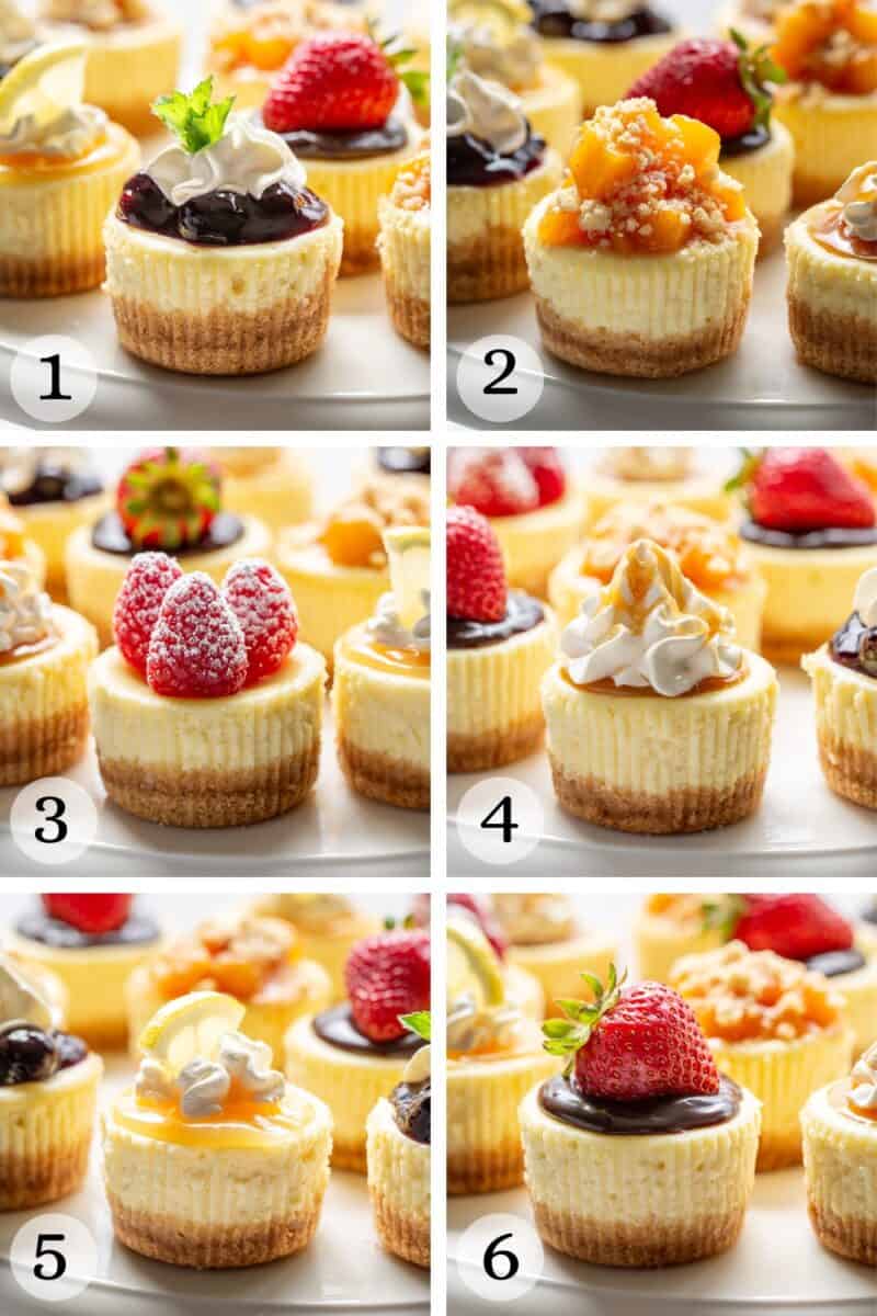 Mini Cheesecake Recipe with a collage of assorted mini cheesecakes with various toppings