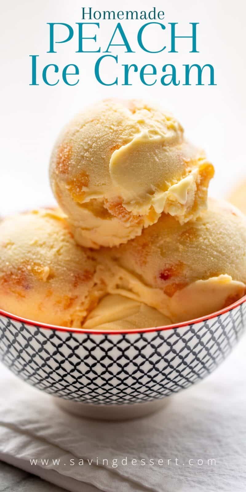 A closeup of a bowl of homemade peach ice cream in a small bowl
