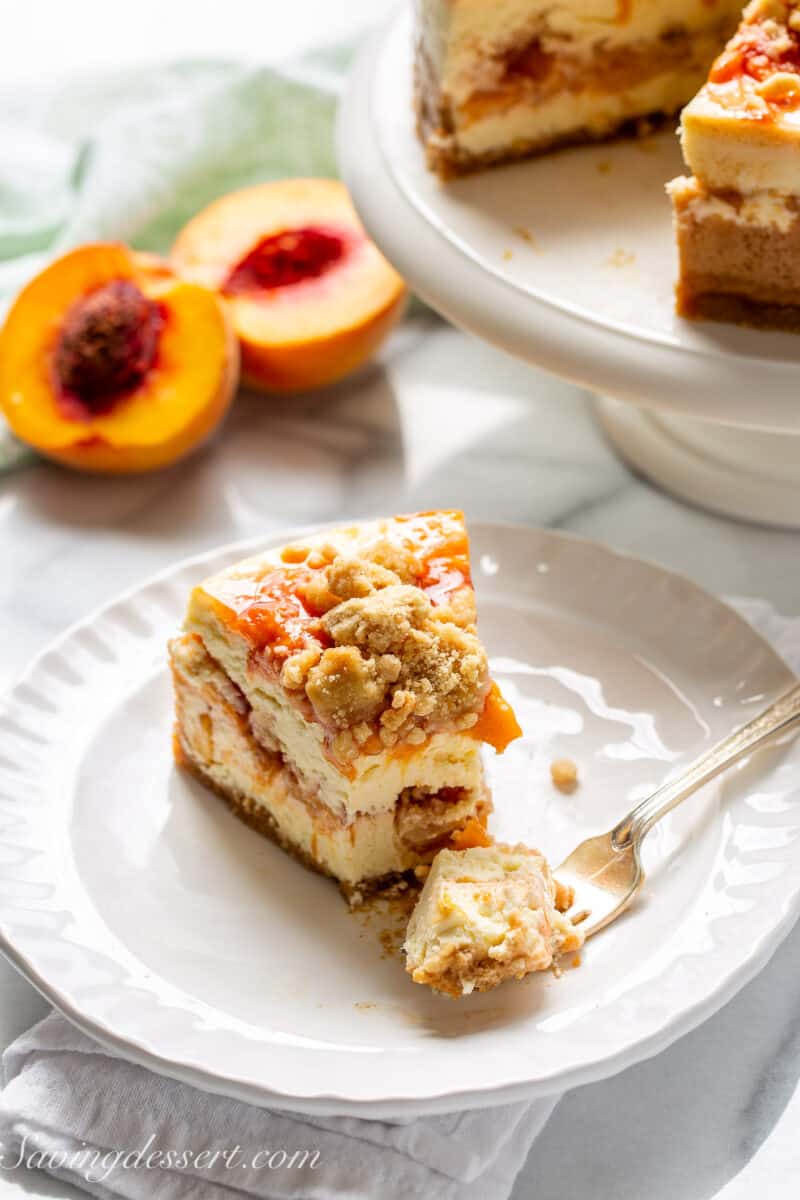 Overhead view of a piece of cheesecake on a plate.