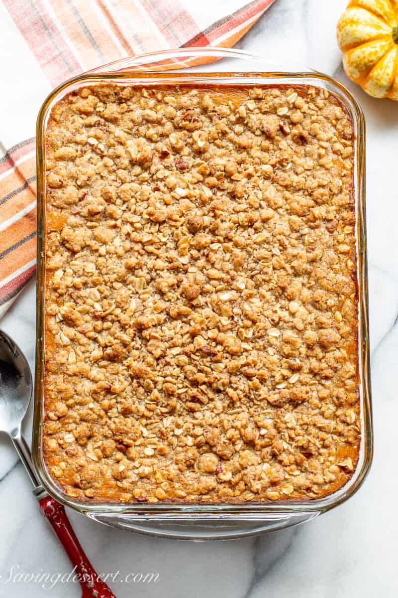 Overhead view of a pan of pumpkin crisp just out of the oven.