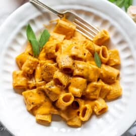 An overhead view of a bowl of pasta with a creamy cheesy pumpkin sauce and fresh sage.