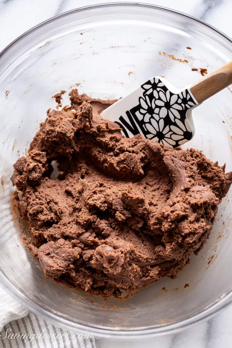 A bowl of chocolate cookie dough.