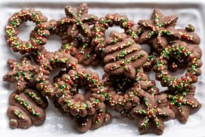 Overhead view of a platter filled with holiday cookies.