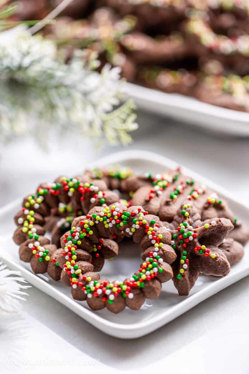 Chocolate Spritz Cookies on a plate.