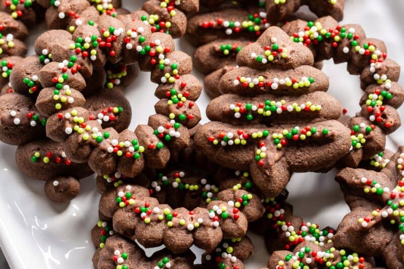 Chocolate Spritz Cookies on a platter.