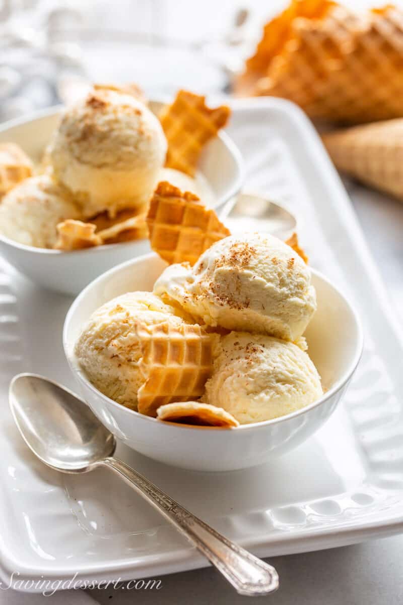 Bowls of homemade ice cream on a platter.