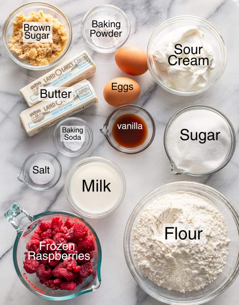 A collage photo showing the ingredients for raspberry muffins